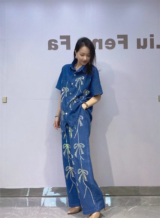 Sequins Bow Short Sleeve Denim 2 Pieces Set For Woman Outfits Casual Wide Leg Pant Sets Y2k Clothes Vestidos Streetwear Outwear