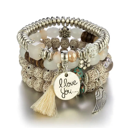4Pcs Bohemian Women Pink Tassel Bracelet Set For Female I Love You Feather Round Charm Beads Chain Bangle Fashion Party Jewelry