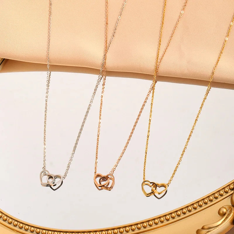 Romantic Double Heart Pendant Necklaces for Women Stainless Steel Charm Choker Necklace Gold Color Wedding Fashion Jewelry