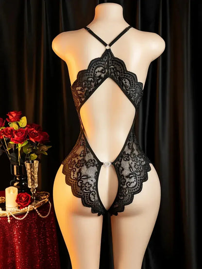 Transparent Sexy Crotchless Bra Set Lingerie Women Lace Hollow Bra Costumes Deep V Open Bra Underwea Erotic Backlesshot Bodysuit