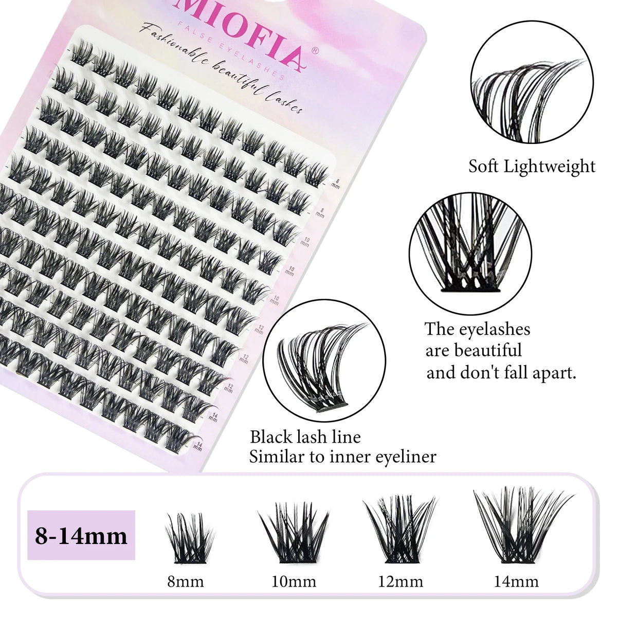 MIOFIA DIY Eyelash Clusters Fluffy Natural Anime Lashes 8-14mm Mixed Length Large capacity 3D Russian Volume Eyelash Extension