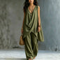 Women Holiday Blouse Pant Suits Summer Sexy V Neck Sleeveless Loose Asymmetrical Blouse Tops&Wide Leg Full Trouser Sets