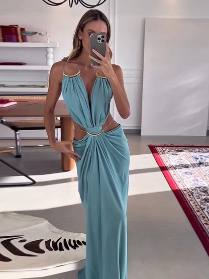Sexy Women's Backless Dress Halter Sleeveless Waist Hollow Out Solid Female Dresses 2026 Summer Vacation Beach Fashion Lady Robe