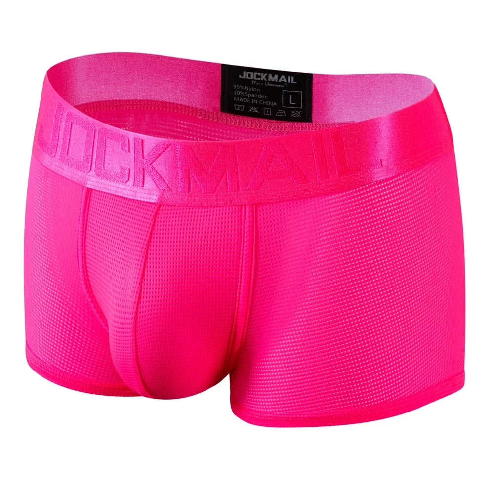 Fashion Fluorescent Color Men's Underwear Sporty Breathable Mesh Boxer Briefs Sexy Transparent Male Underpants Gay Sissy Shorts