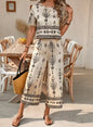 Women's Retro Ethnic Print Two-Piece Set Casual Short-Sleeved Top with 3/4 Length Pants Suit