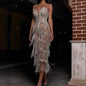 Sexy Strapless Shiny Gowns Party Dress Women Elegant Sleeveless Backless Slim Long Dress Fashion Tassels Splicing Evening Dress
