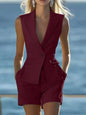 Elegant Women Solid Sleeveless Suit Vest Two Piece Sets Summer Casual Lapel Button Top And Shorts Party Lady Slim Suit Outfits