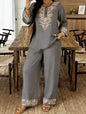 Two Piece Set Women Outfit 2026 Spring Autumn New Floral Print Round Neck Long Sleeve Loose Top & High Waist Casual Pants Set