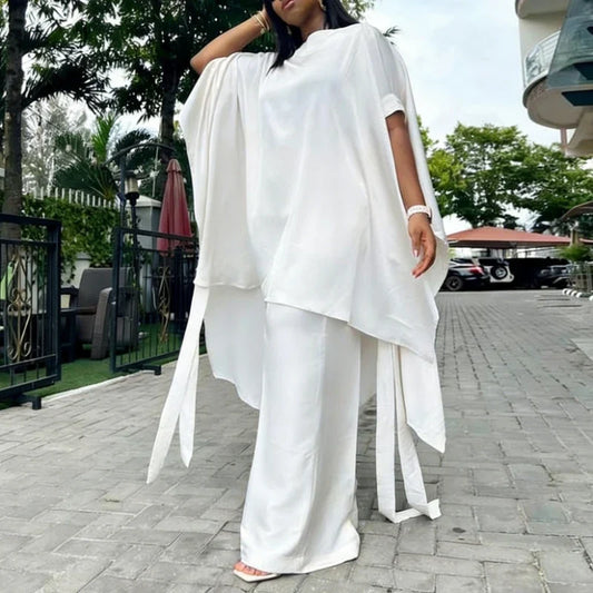 Two Piece Set Women O Neck Short Sleeve Loose Maxi Tops Wide Leg Pants Suit Fashion Elegant Simple Casual Africa Church Outfits