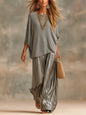 Fashion Women Trousers Suits Loose Round Neck Batwing Sleeve Knit T-shirt with Satin Wide-leg Pants Autumn Elegant Two Piece Set