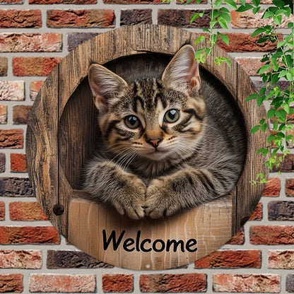 2D Graphic 2D Printed Wall Art - Cat Welcome Signs for Street, Courtyard, Shopping Center, Garage, Cafe, Family, Bar, Club, Kitchen, Restaurant, Laundry Room, Men's Cave, Gym, Bedroom, Farm, Farmhouse, Handmade Round Wood Dec