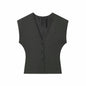 Women Fashion 2-Piece Set Single-breasted Sleeveless V-Neck Pinstripe Vest+Summer Pleated Loose Pocket Belt Zipper Pants
