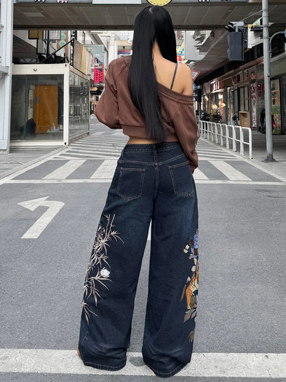 American Street Fashion Tiger And Flower Embroidery Style Pants, Dark Color, Versatile, Loose-Fitting Jeans, Street Outfit