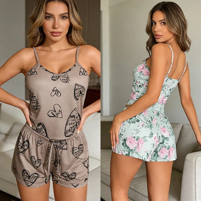 Women Sexy Pajama Ladies Satin Pajama Print Round Neck Ice Silk Top T-Shirt and Shorts Sets Breathable Comfortable Home Wear New