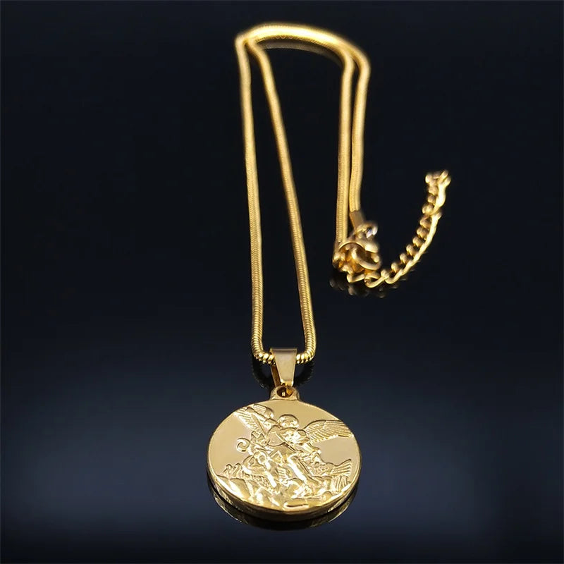 SAINT MICHAEL PROTECT US Archangel Stainless Steel Necklaces Chain Men/Women Gold Color Choker Necklace Jewelry Joyas NHH32
