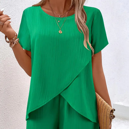 New Fashion Elegant Office Ladies Set Casual Set With Irregular Short Sleeve Blouses Loose Long Pants Two Piece Outfit Women's