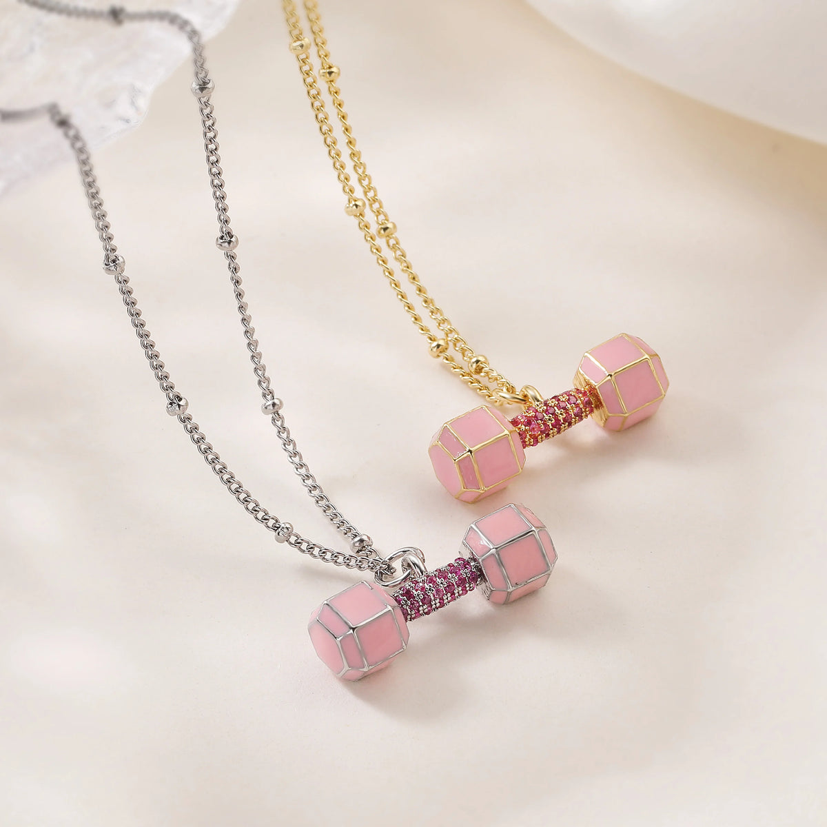 Small Dumbbell Pink Zirconia Charm Pendant Necklace Delicate Sweet Women's Jewelry Necklace, Enameled Gold-Plated Brass Jewelry