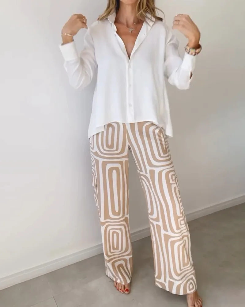 Elegant Office Lady Casual Suit Fashion Solid Long Sleeve Lapel Shirt Elastic Waist Print Trousers Two Piece Set 2024 Autumn New