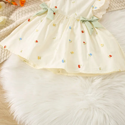 Summer Toddler Dress Cute Doll Collar Flower Embroidered Bow Princess Dress for Baby Girl 0-2 Years Old