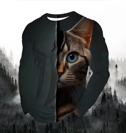 Visual Kitten Fashion Print Men's T-shirt Fashion Long Sleeve T-shirt Casual Round Neck Street Top Loose Pullover Autumn