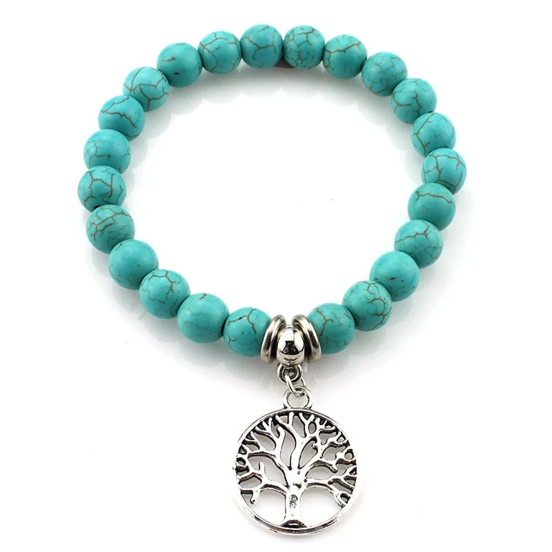 FTCY Women Bohemian Beaded Bracelet Fashion Turquoise Natural Stone Anti-Stress Yoga Geometric Pendant Elastic Cord Hand Chains