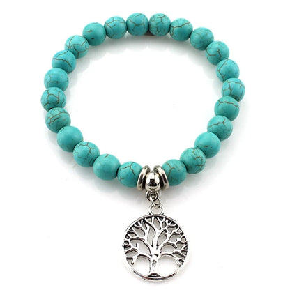FTCY Women Bohemian Beaded Bracelet Fashion Turquoise Natural Stone Anti-Stress Yoga Geometric Pendant Elastic Cord Hand Chains