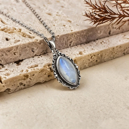 Vintage 925 Sterling Silver Necklaces with Natural Moonstone 12*6MM Simple Pendant Necklaces Party Fine Jewelry For Women Men