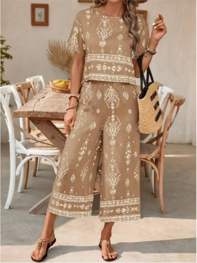 Fashion Ethnic Retro Printed Short-sleeved Women's Suit Summer New Casual Simple Elegant 7-minute Pants Female 2-piece Set 2026