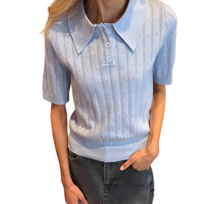 Elegant Women's Summer Hollow Out Knit Tops Short Sleeve Turn Down Collar Solid Color Cutout T-shirt