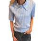 Elegant Women's Summer Hollow Out Knit Tops Short Sleeve Turn Down Collar Solid Color Cutout T-shirt