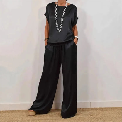 2-Piece Set Fashion Satin O Neck T-Shirt Top Trousers Summer Retro