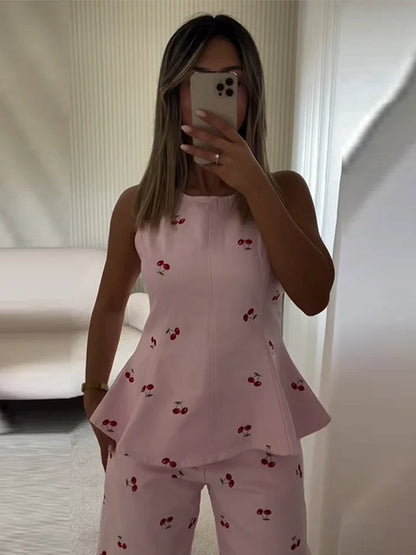 Casual Printed Women's Top Trouser Suits Sleeveless O-Neck Wide Leg