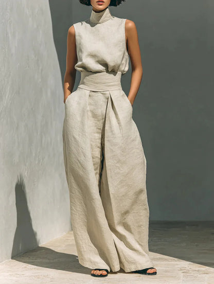 2026 Sleeveless Top+Wide Leg Pants Summer Casual Two-Piece Set Elegant And Loose Office Set High Street Pocket Women's Suits