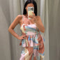 Beach Holiday Print Pants Sets Women Square Neck Sleeveless Lace Up Wide Legs Ruffles Suits Female 2026 Summer New Chic Outfits
