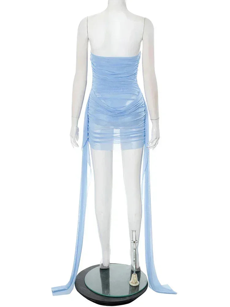 Weird Puss See  Through Dress Women Backless Sleeveless Tassel Double Deck Pleated Sexy Midnight Clubwear Party Mini Bodycon
