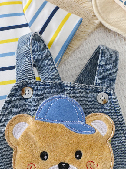 Baby Boy Striped Short-Sleeved T-Shirt + Bear Denim Overalls Shorts
