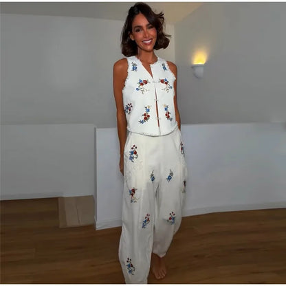 Casual Print Top Pants Women Set Elegant O-Neck Sleeveless Button Vest