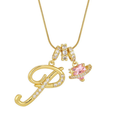 Fashion Letter Necklace for Women Pink Zircon Heart-shaped Pendant Suitable for Girls to Wear Personalized Gold-plated Jewelry