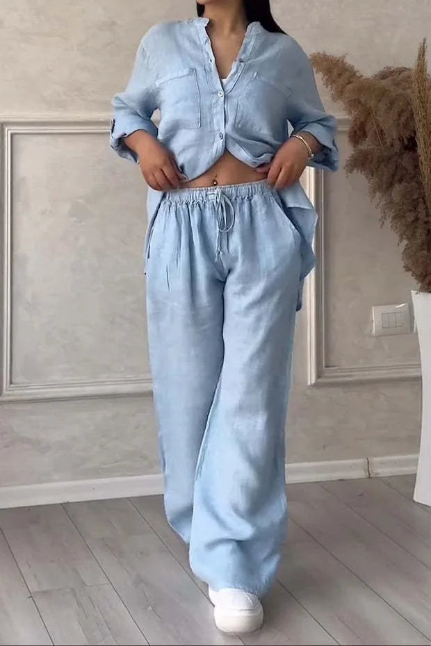 Autumn Cotton and Linen Pant Sets Women Fashion Long Sleeve Shirts