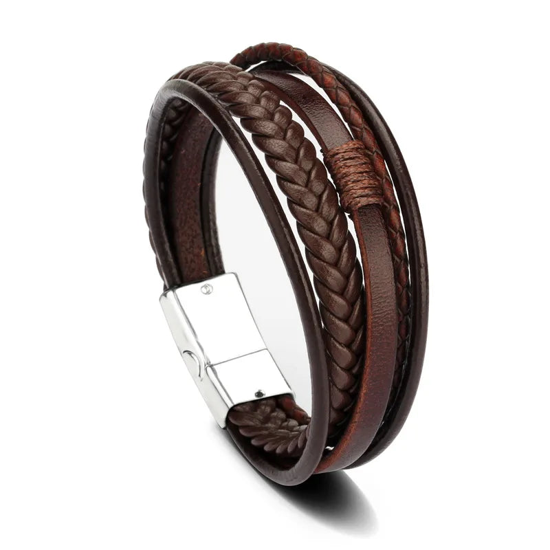 Trendy  Leather Bracelets Men Stainless Steel Multilayer Braided Rope Bracelets For Male Bracelets Jewelry Pulsera Hombre