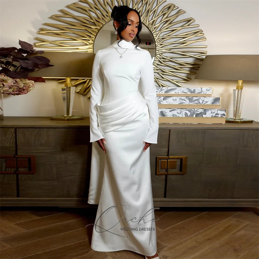 QICHE Modest Pleat Muslim Mermaid Wedding Dresses Women Long Sleeves With Cape High Collar Bridal Gown Robe De Mariée Customized