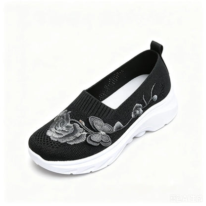 2026 Summer Women Breathable Knit Floral Embroidery Platform Loafers Slip On Walking Shoes Lightweight Soft Cushion Insole Anti Slip Wedge Sole Comfort Casual Daily Outdoor Travel Nurse Footwear Black Khaki Green Multiple Siz