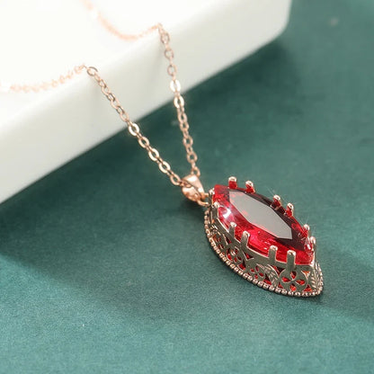 Elegant Luxury Leaf Shape Red Synthetic Zirconia Dangle Necklace for Women Fashion Charm Rose Golden Banquet Anniversary Jewelry