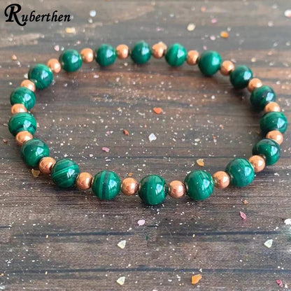 Ruberthen Womens 6 MM AAA Grade Malachite With Copper Beads Bracelet Handmade Yoga Mala Bracelet Stimulates Energy Jewelry
