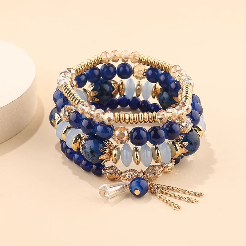 4Pcs Bohemian Women Pink Tassel Bracelet Set For Female I Love You Feather Round Charm Beads Chain Bangle Fashion Party Jewelry