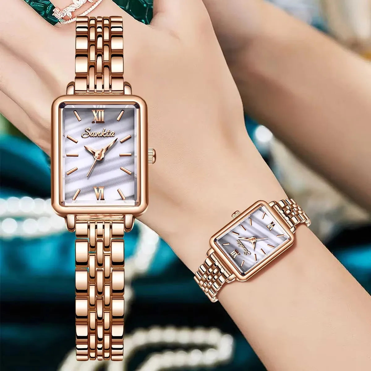 Women's Rectangular Pearl-Effect Dial Watch