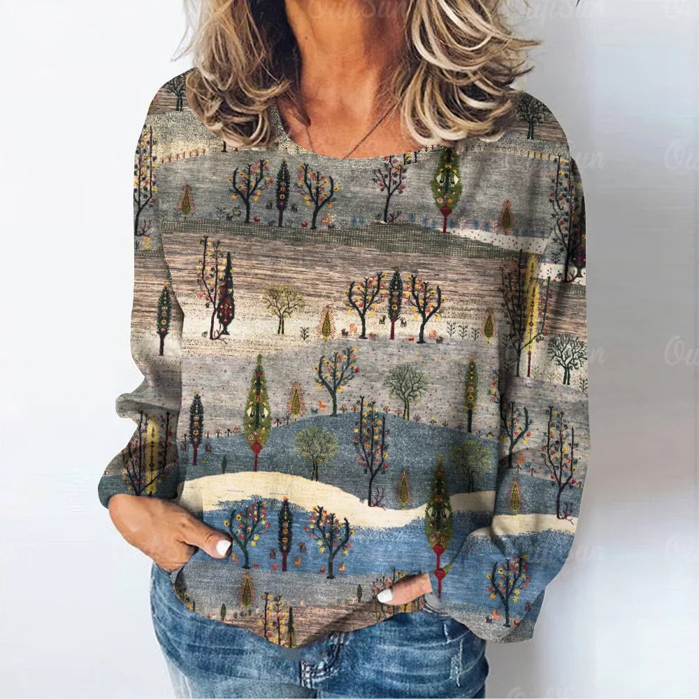 Women's natural landscape print T-shirt long sleeve T-shirt autumn casual women's fashion camel desert print long sleeve