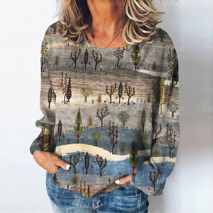 Women's natural landscape print T-shirt long sleeve T-shirt autumn casual women's fashion camel desert print long sleeve