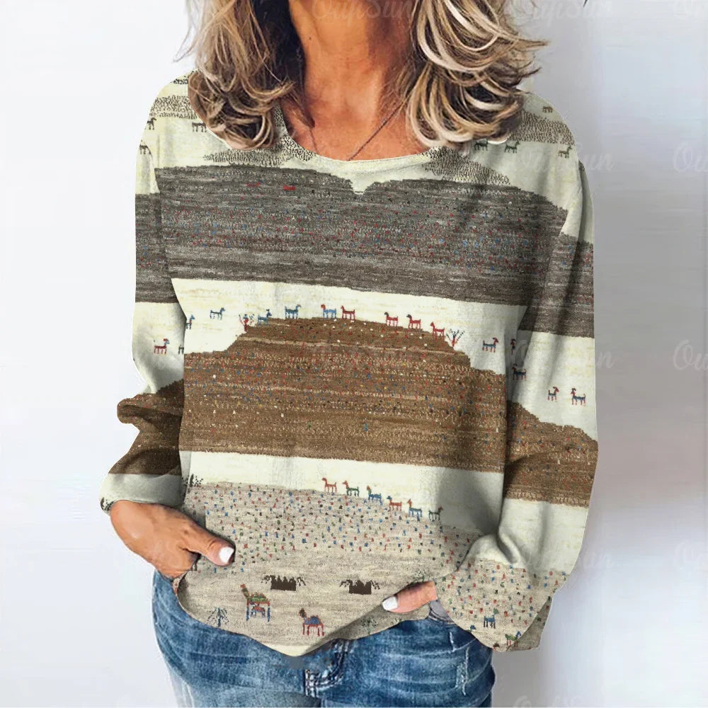 Women's natural landscape print T-shirt long sleeve T-shirt autumn casual women's fashion camel desert print long sleeve