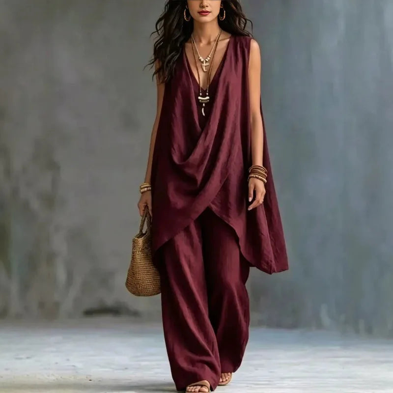 Summer Linen Cotton Sleeveless Stand Collar Set Women Casual Loose Fit
